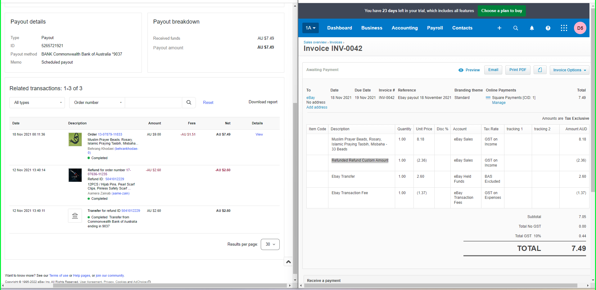 ebay xero reconciliation example