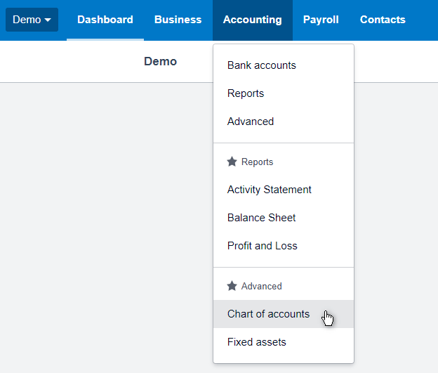 chart of accounts Xero menu