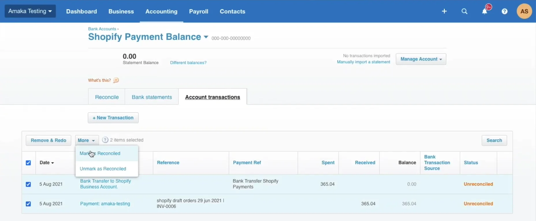 Shopify balance in Xero other payments reconcile